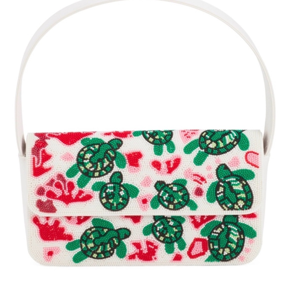 VIRAL Beaded Turtle Print Shoulder Bag - White, Green, Red